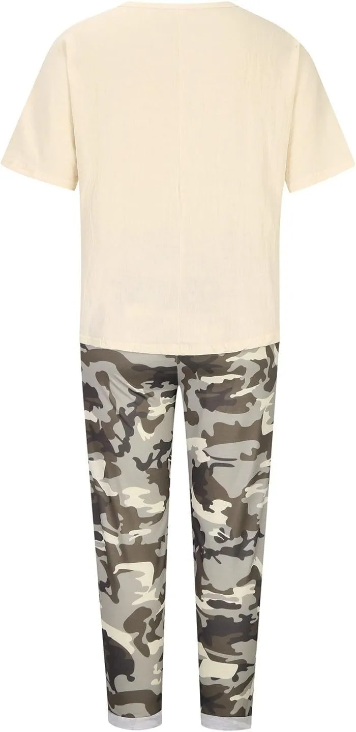 BOXIACEY 2 Piece Outfits for Women Summer Cotton Linen Set Plus Size Camouflage Sets Casual Two Piece Tracksuit Sets