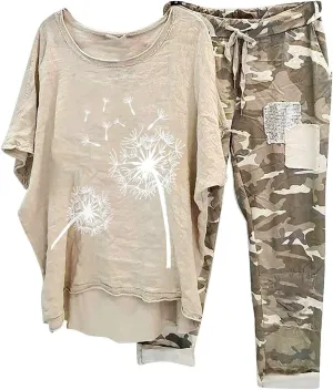 BOXIACEY 2 Piece Outfits for Women Summer Cotton Linen Set Plus Size Camouflage Sets Casual Two Piece Tracksuit Sets