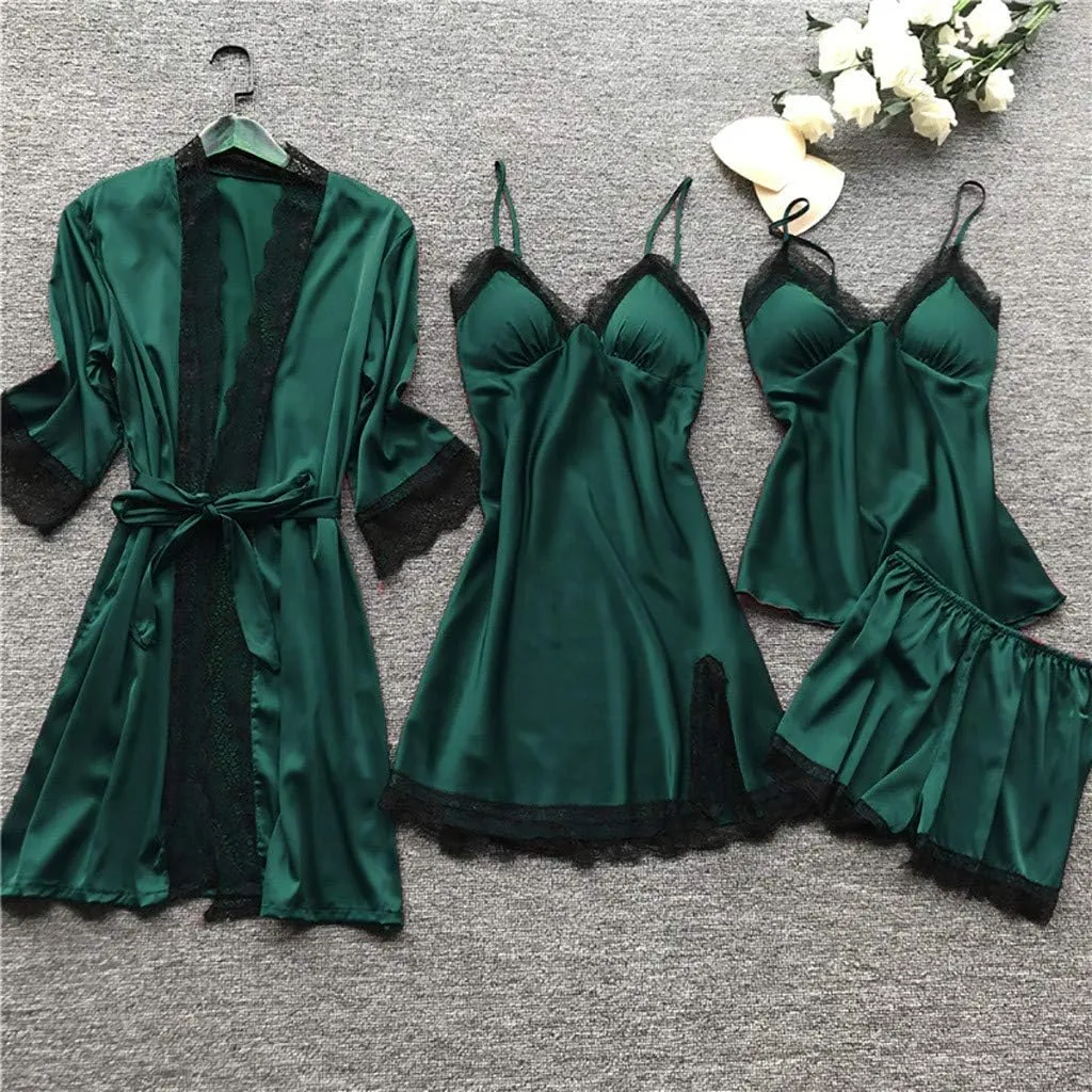 BOXIACEY Pajamas for Women Silk Pajama Set 4pcs Robe Babydoll Lingerie Satin Sleepwear Nightdress Lace Nightgown Set