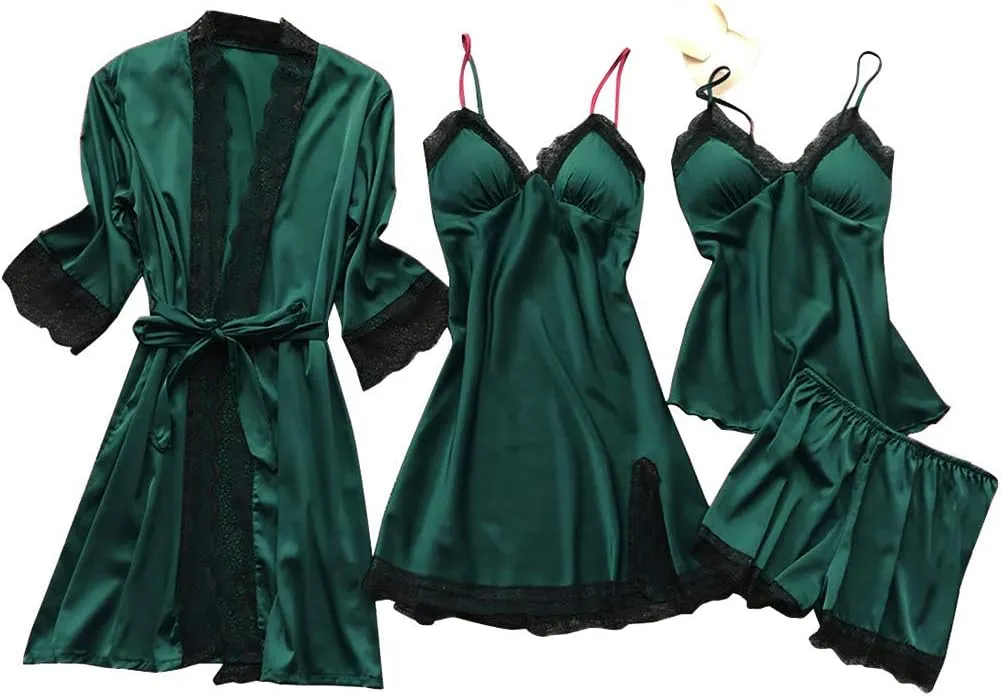 BOXIACEY Pajamas for Women Silk Pajama Set 4pcs Robe Babydoll Lingerie Satin Sleepwear Nightdress Lace Nightgown Set