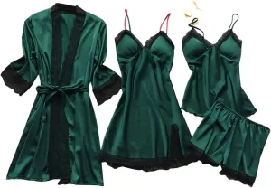 BOXIACEY Pajamas for Women Silk Pajama Set 4pcs Robe Babydoll Lingerie Satin Sleepwear Nightdress Lace Nightgown Set