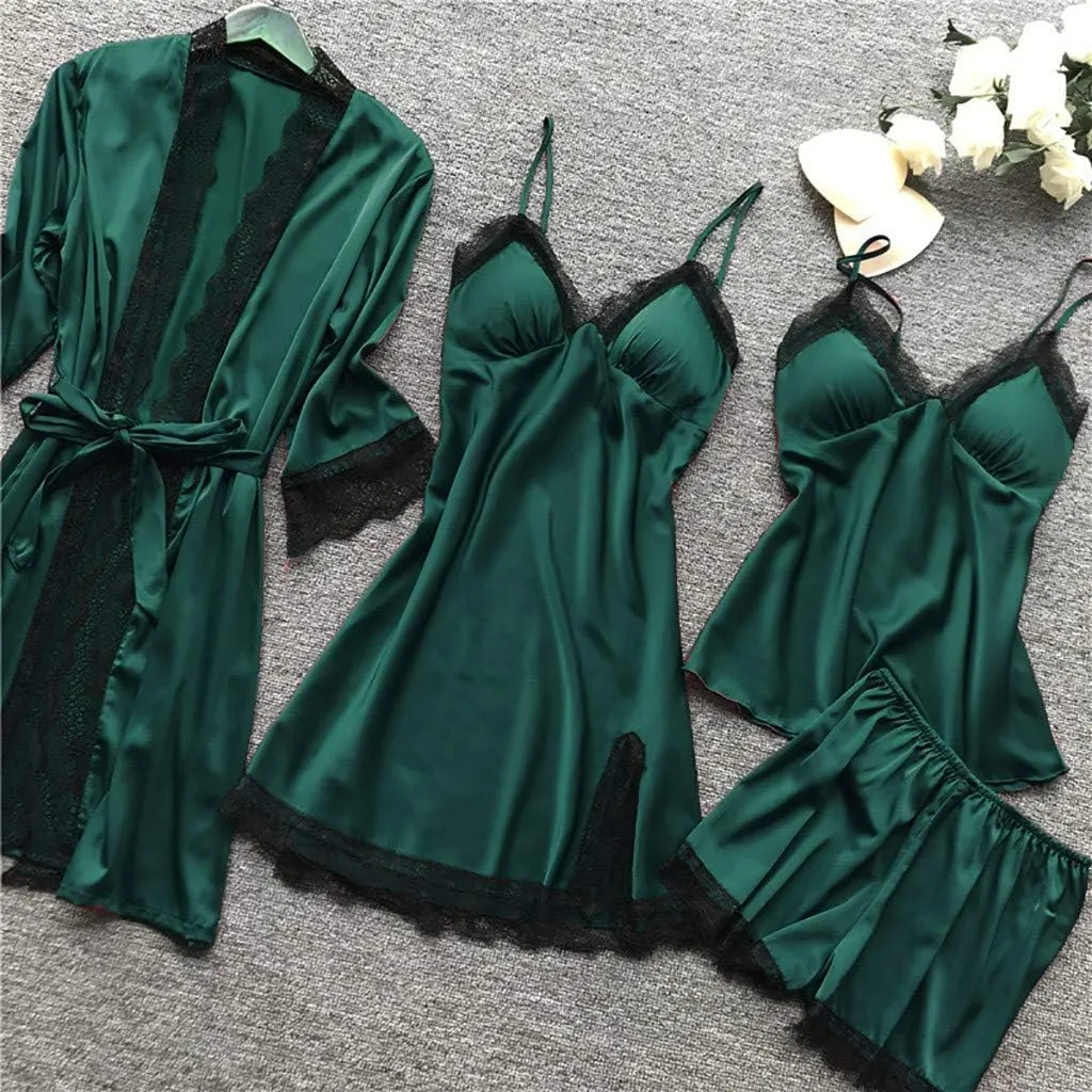 BOXIACEY Pajamas for Women Silk Pajama Set 4pcs Robe Babydoll Lingerie Satin Sleepwear Nightdress Lace Nightgown Set