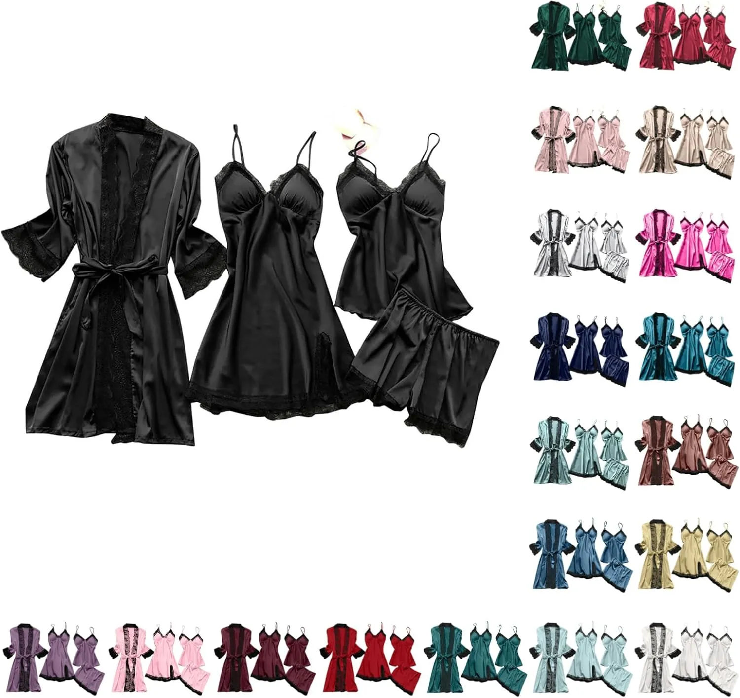 BOXIACEY Satin Pajama Set for Women 4 Piece Silk Pajama Set Lace Nightgown and Robe Sets Sexy Lingerie Sleepwear Set