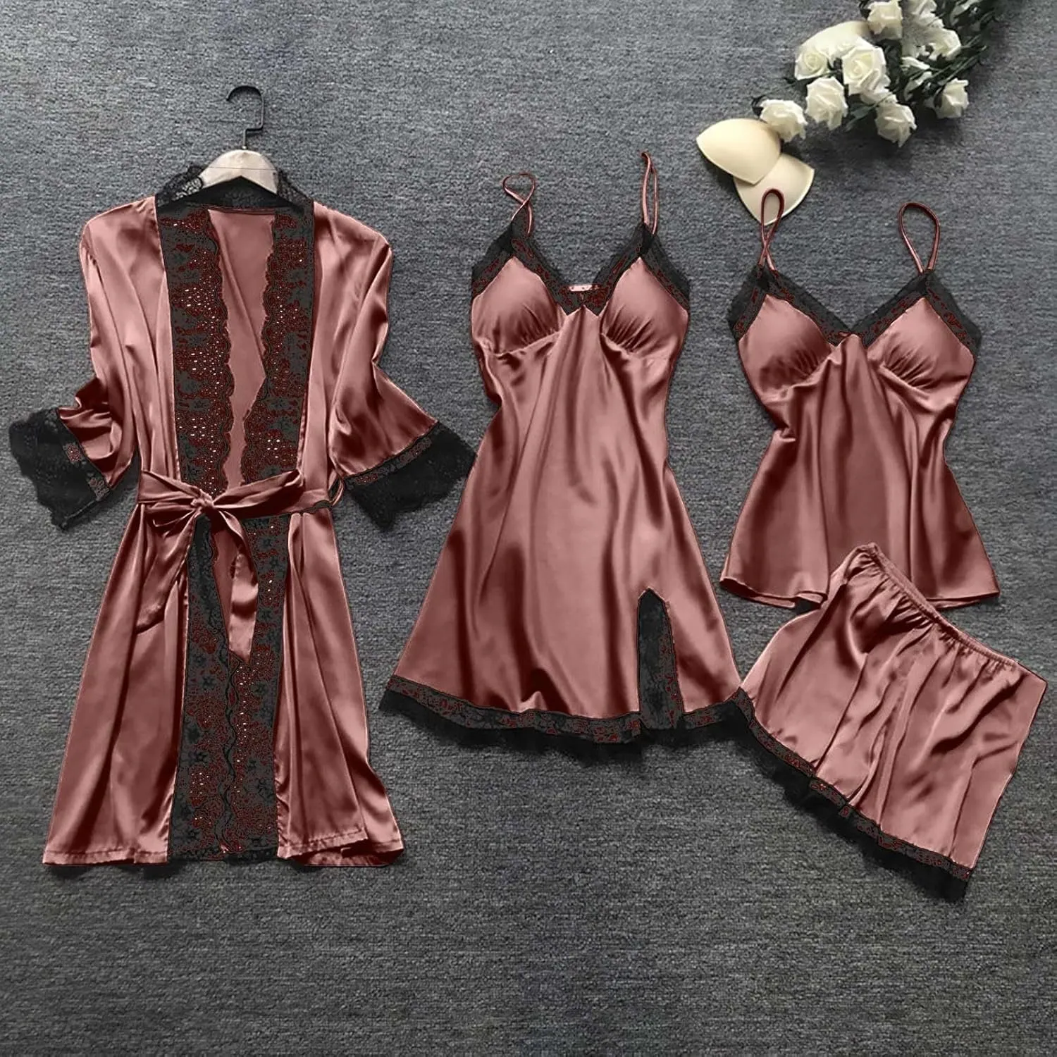 BOXIACEY Satin Pajama Set for Women 4 Piece Silk Pajama Set Lace Nightgown and Robe Sets Sexy Lingerie Sleepwear Set
