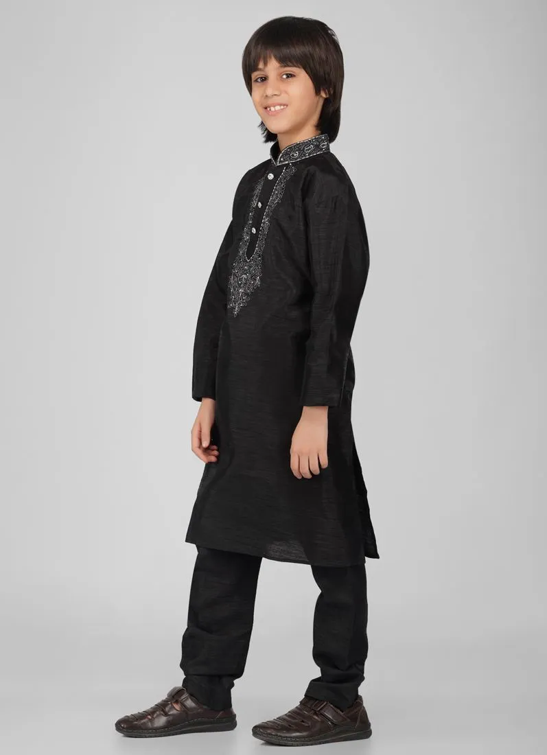 Boy's Black Zari Embroidered Raw Silk Kurta Pajama Set