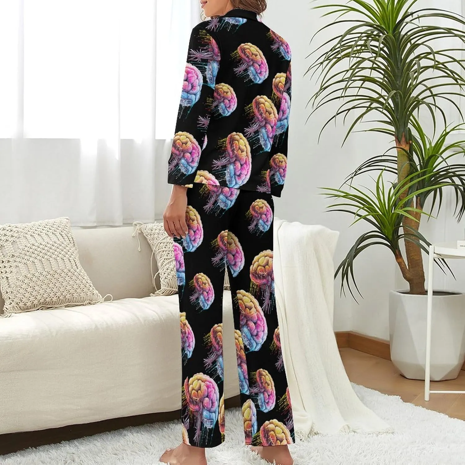 Brain Watercolor Print Womens Pajamas Satin PJ Set Button Down Loungewear Set 2 Piece Lounge Sets