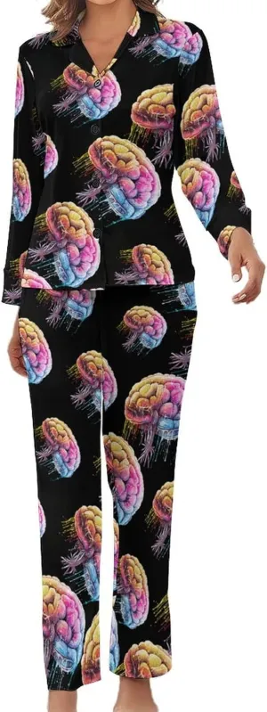 Brain Watercolor Print Womens Pajamas Satin PJ Set Button Down Loungewear Set 2 Piece Lounge Sets
