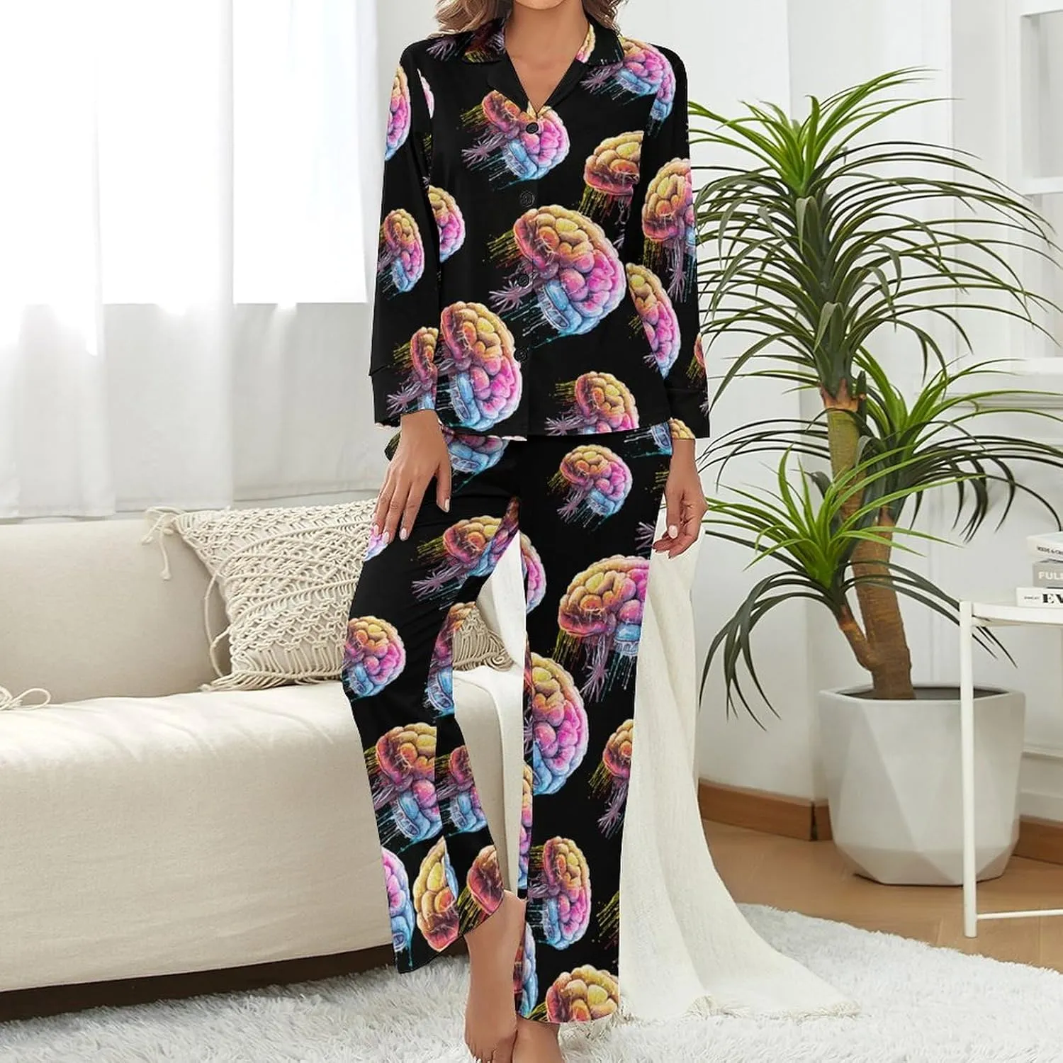 Brain Watercolor Print Womens Pajamas Satin PJ Set Button Down Loungewear Set 2 Piece Lounge Sets