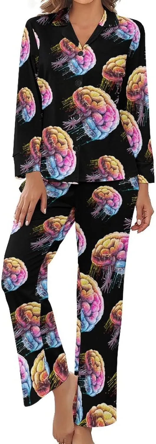 Brain Watercolor Print Womens Pajamas Satin PJ Set Button Down Loungewear Set 2 Piece Lounge Sets