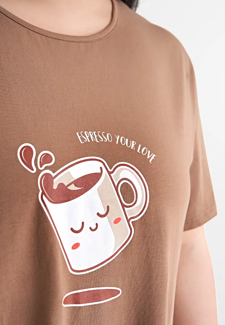 Breakfast Cotton Jersey Sleep Dress - Brown Coffee