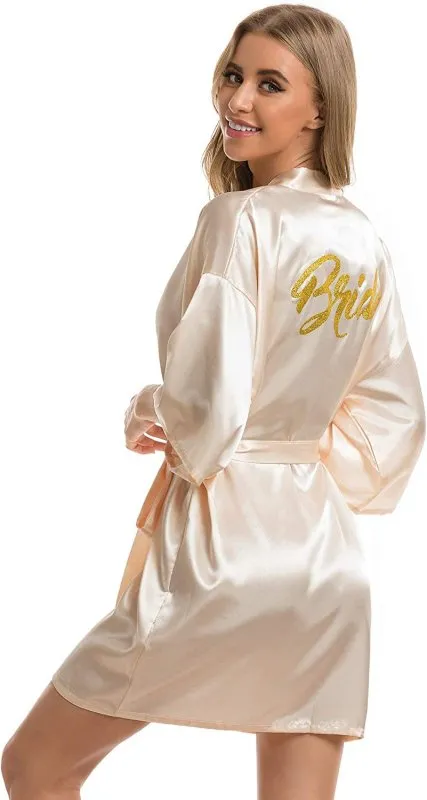 Bride Robes Women'S Kimono Robe | Satin Bridesmaid Party Robes | Bridal Morning Robes with Gold Glitter champagne