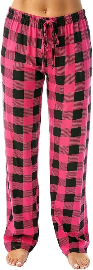 Buffalo Plaid Christmas Pajama Pants Womens Soft Cotton Pj Pants Drawstring High Waist Sleep Pants Wide Leg Pants