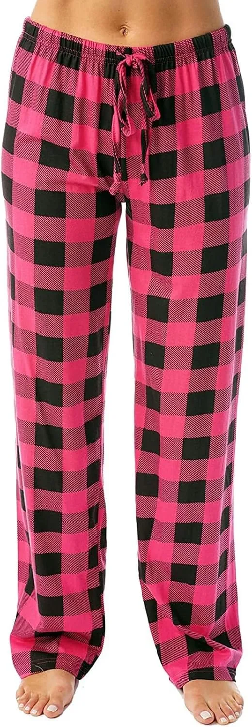 Buffalo Plaid Christmas Pajama Pants Womens Soft Cotton Pj Pants Drawstring High Waist Sleep Pants Wide Leg Pants
