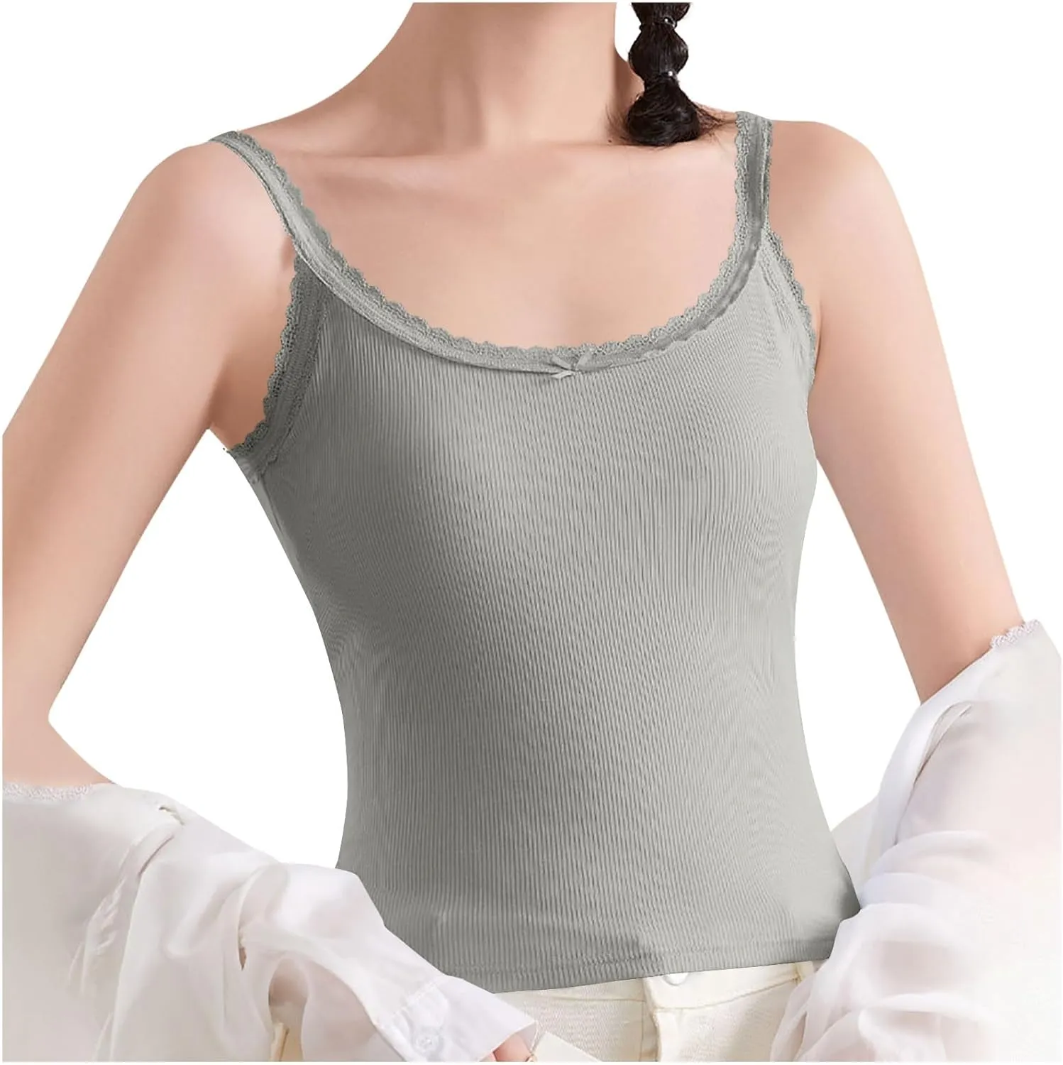 Built-in Bra Cami Tank Tops for Women Comfy Cotton Summer Pajamas Sexy Lace Trim Crop Camisole Padded Sleepwear Yoga Shirts