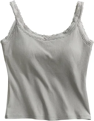 Built-in Bra Cami Tank Tops for Women Comfy Cotton Summer Pajamas Sexy Lace Trim Crop Camisole Padded Sleepwear Yoga Shirts