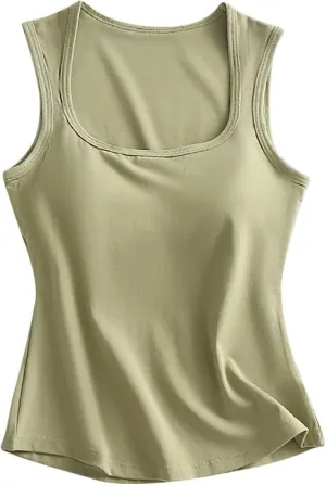 Built-in Bra Cami Tank Tops for Women Comfy Cotton Summer Pajamas Square Neck Camisole Soft Padded Sleepwear Yoga Shirts