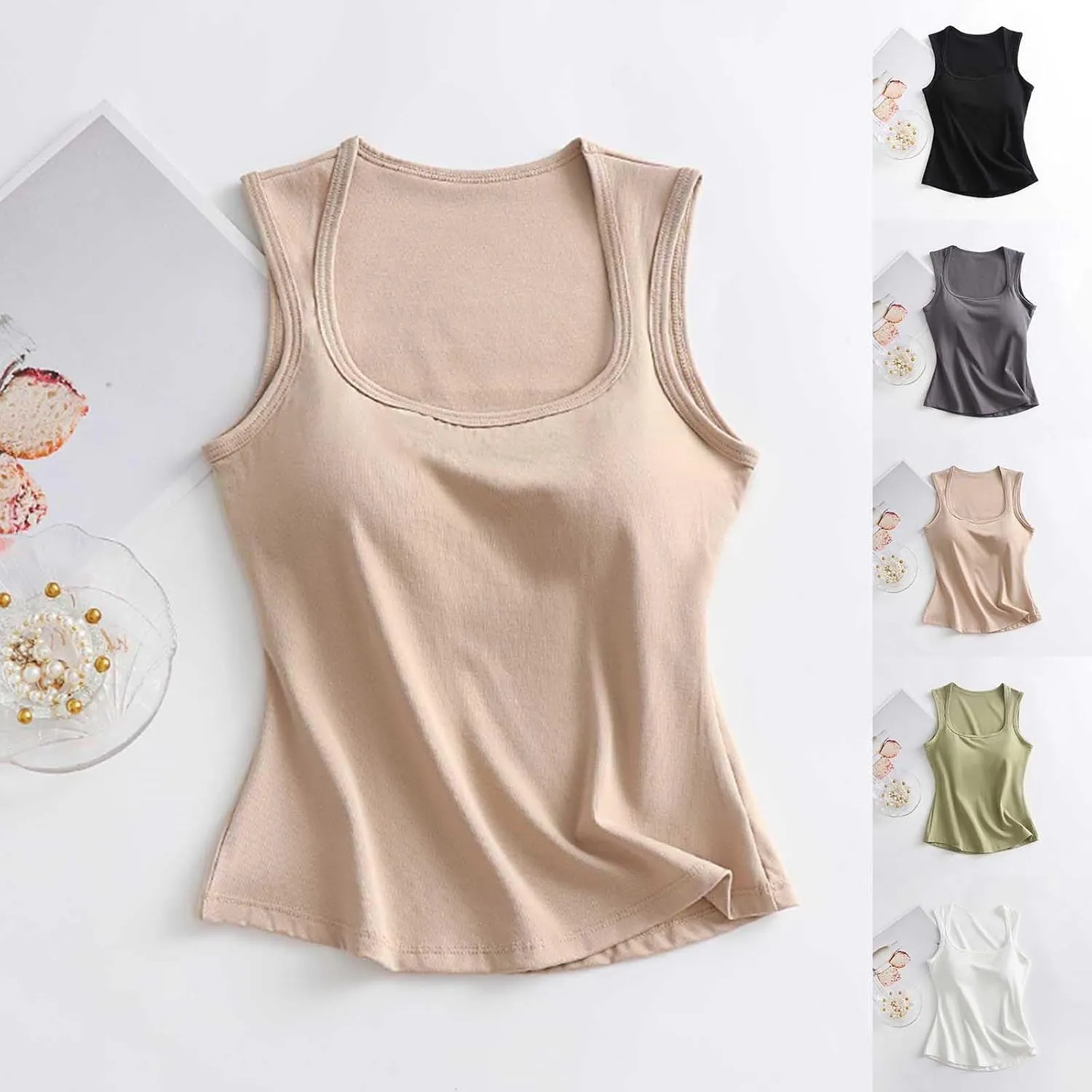 Built-in Bra Cami Tank Tops for Women Comfy Cotton Summer Pajamas Square Neck Camisole Soft Padded Sleepwear Yoga Shirts