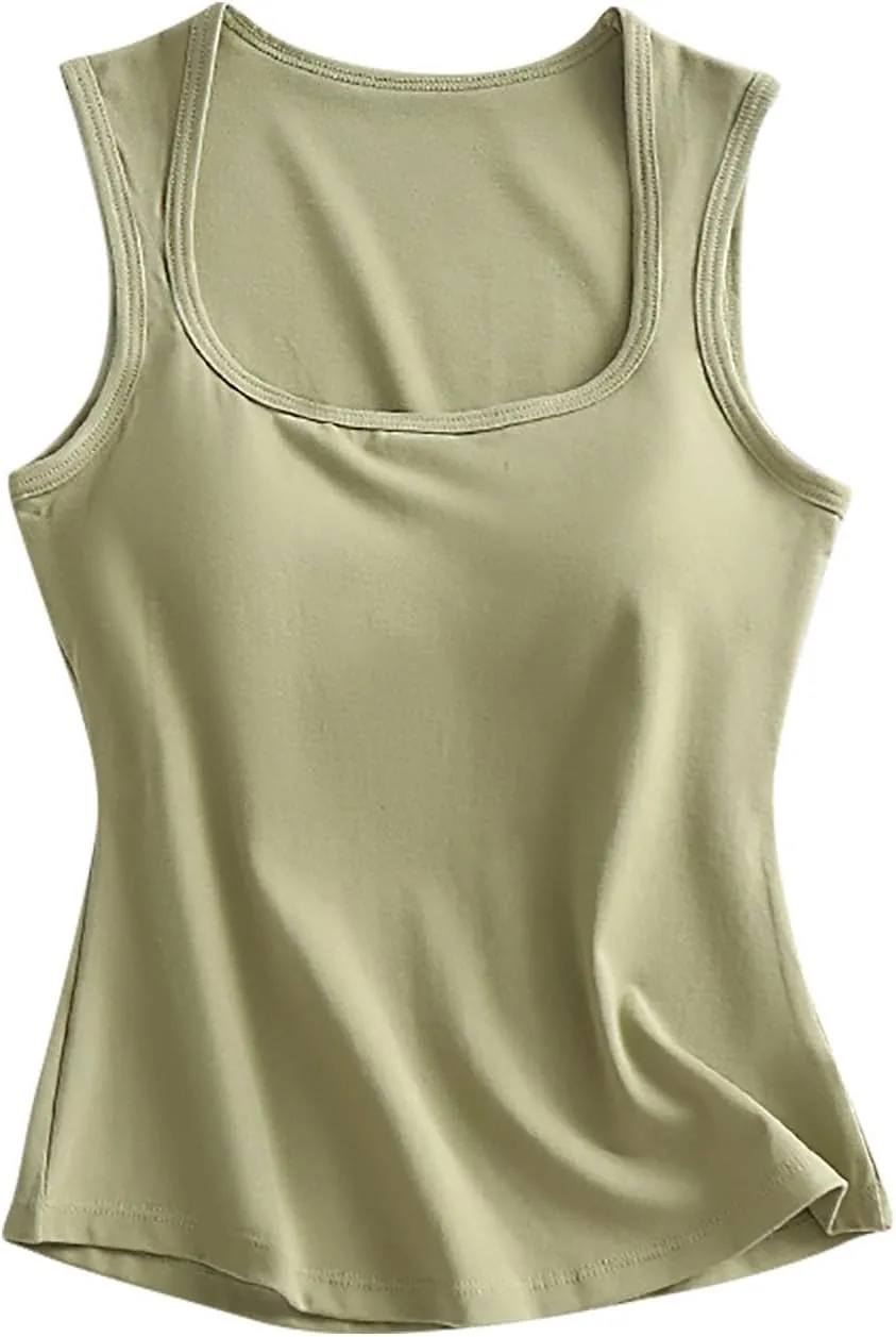 Built-in Bra Cami Tank Tops for Women Comfy Cotton Summer Pajamas Square Neck Camisole Soft Padded Sleepwear Yoga Shirts