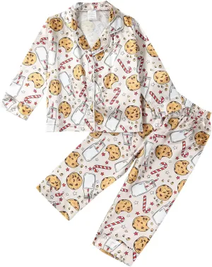BULINGNA Kids Toddler Girl Boy Christmas Two Piece Pajamas Set Santa Claus Cookie Satin Pajamas Top with Pants Xmas Sleepwear