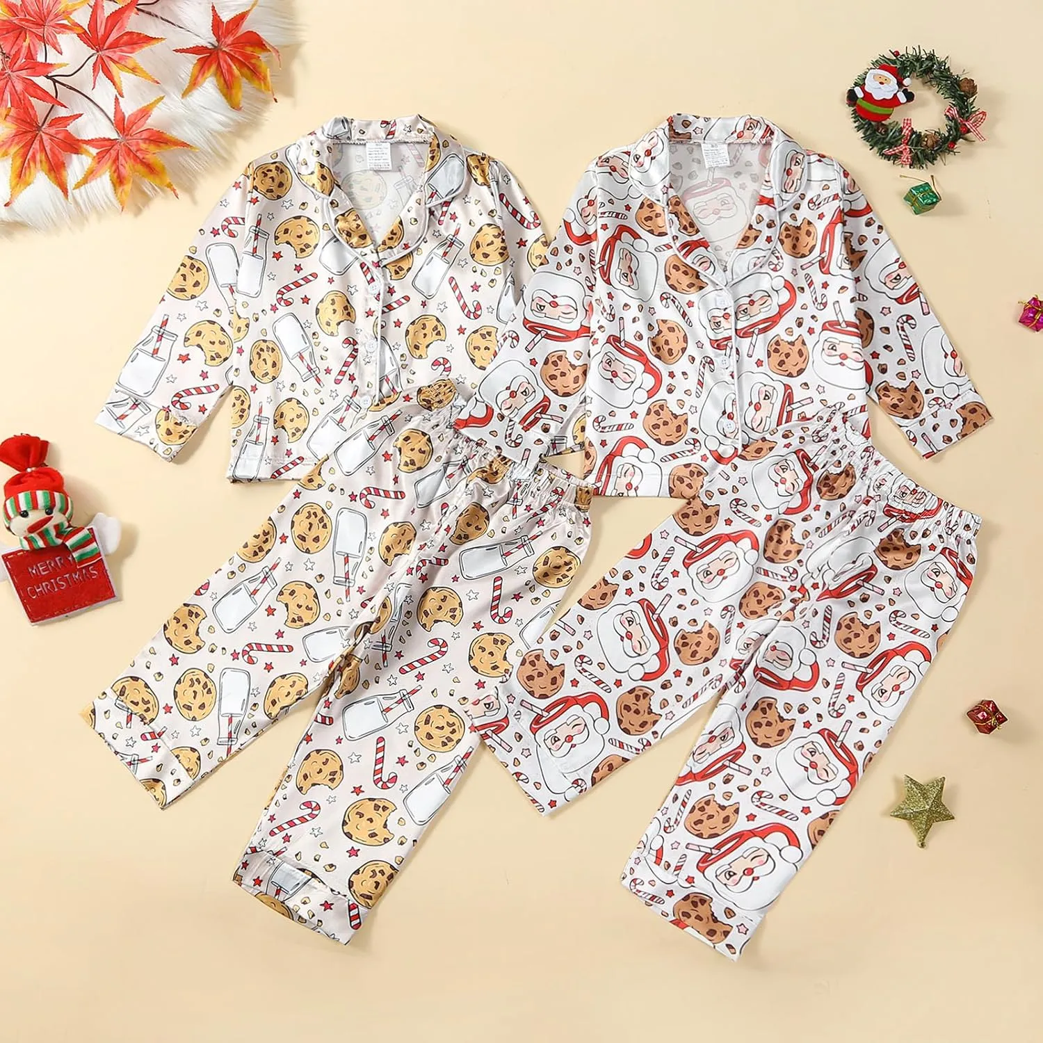 BULINGNA Kids Toddler Girl Boy Christmas Two Piece Pajamas Set Santa Claus Cookie Satin Pajamas Top with Pants Xmas Sleepwear