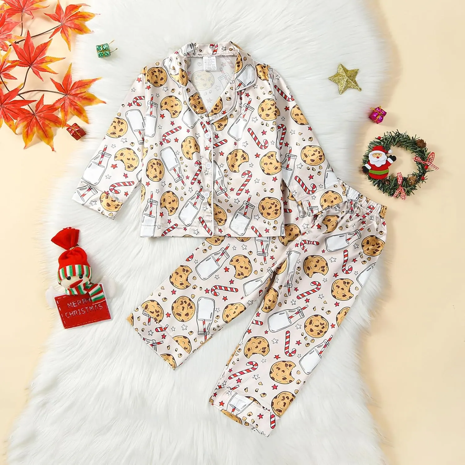 BULINGNA Kids Toddler Girl Boy Christmas Two Piece Pajamas Set Santa Claus Cookie Satin Pajamas Top with Pants Xmas Sleepwear