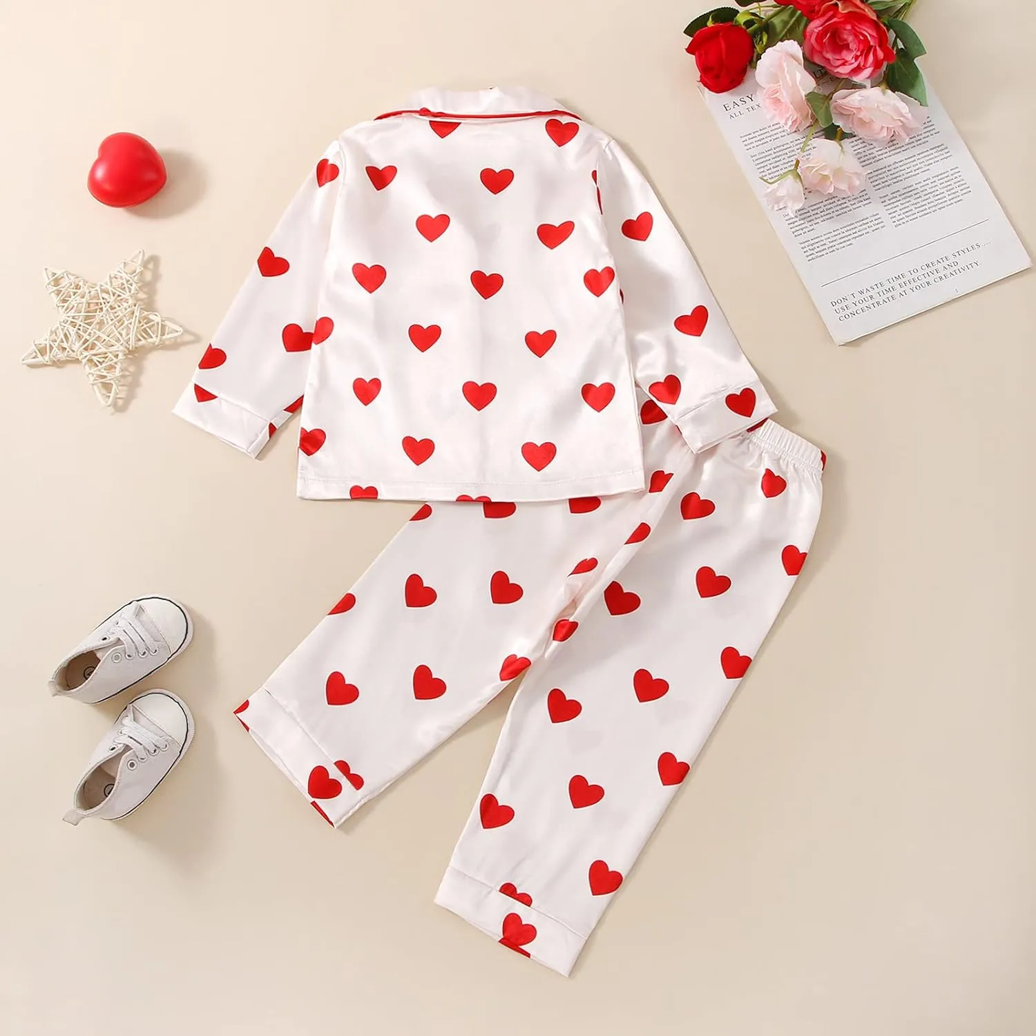 BULINGNA Kids Toddler Girl Pajamas Set Heart Print Pajamas Top Pants Satin Two Piece Pjs Sleepwear