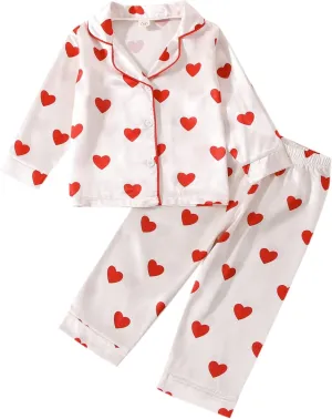 BULINGNA Kids Toddler Girl Pajamas Set Heart Print Pajamas Top Pants Satin Two Piece Pjs Sleepwear
