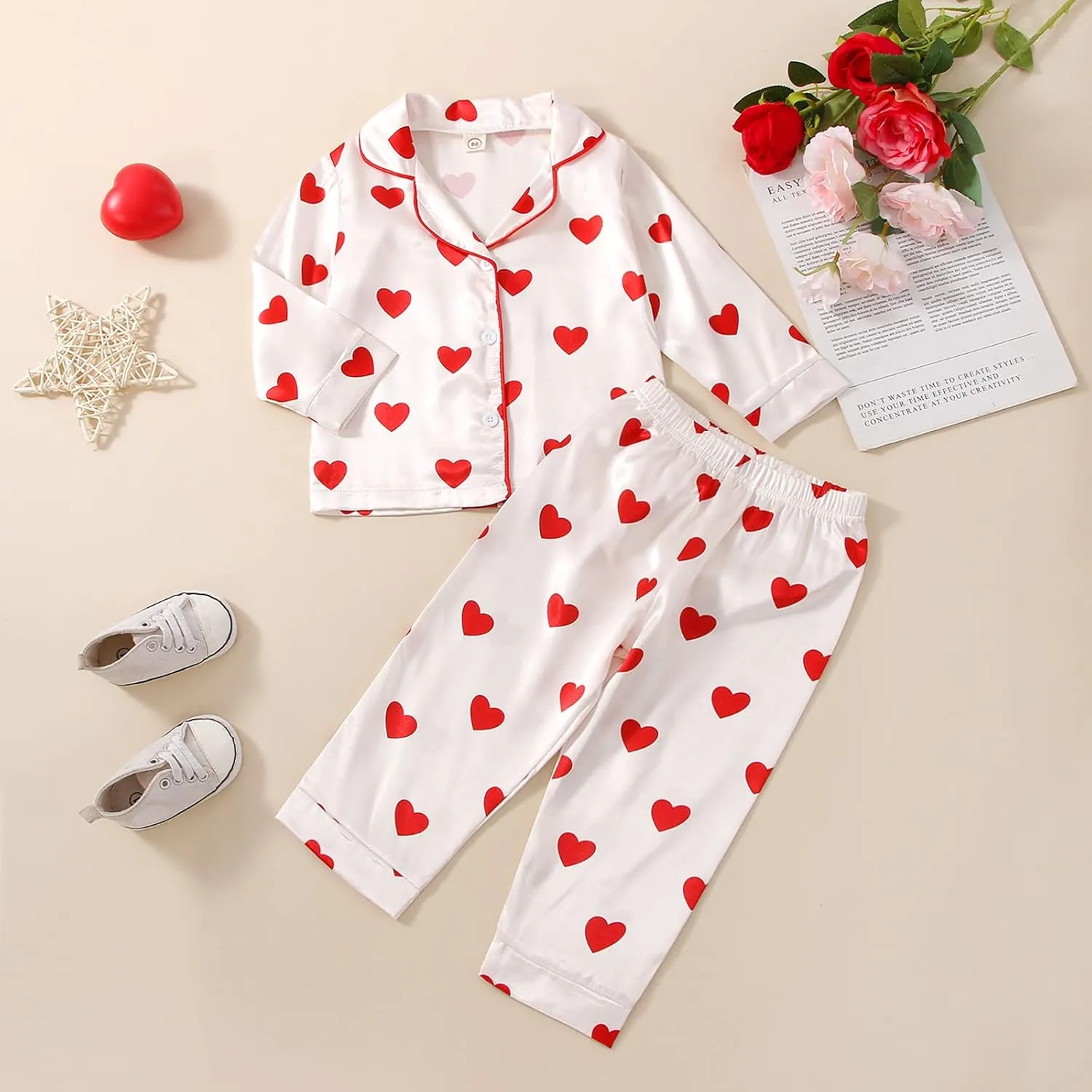 BULINGNA Kids Toddler Girl Pajamas Set Heart Print Pajamas Top Pants Satin Two Piece Pjs Sleepwear
