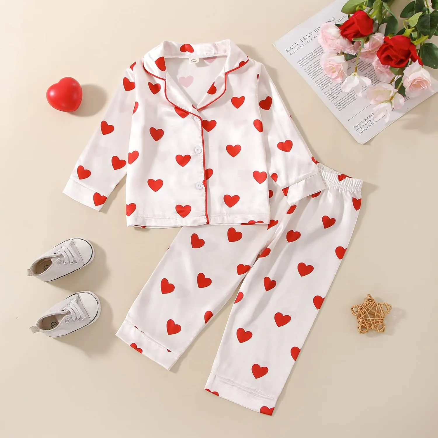 BULINGNA Kids Toddler Girl Pajamas Set Heart Print Pajamas Top Pants Satin Two Piece Pjs Sleepwear