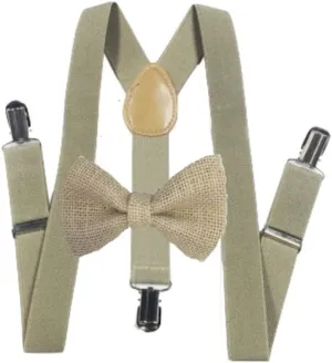 Burlap Bow ties and light brown suspenders Set Combo Mens (Light Brown)
