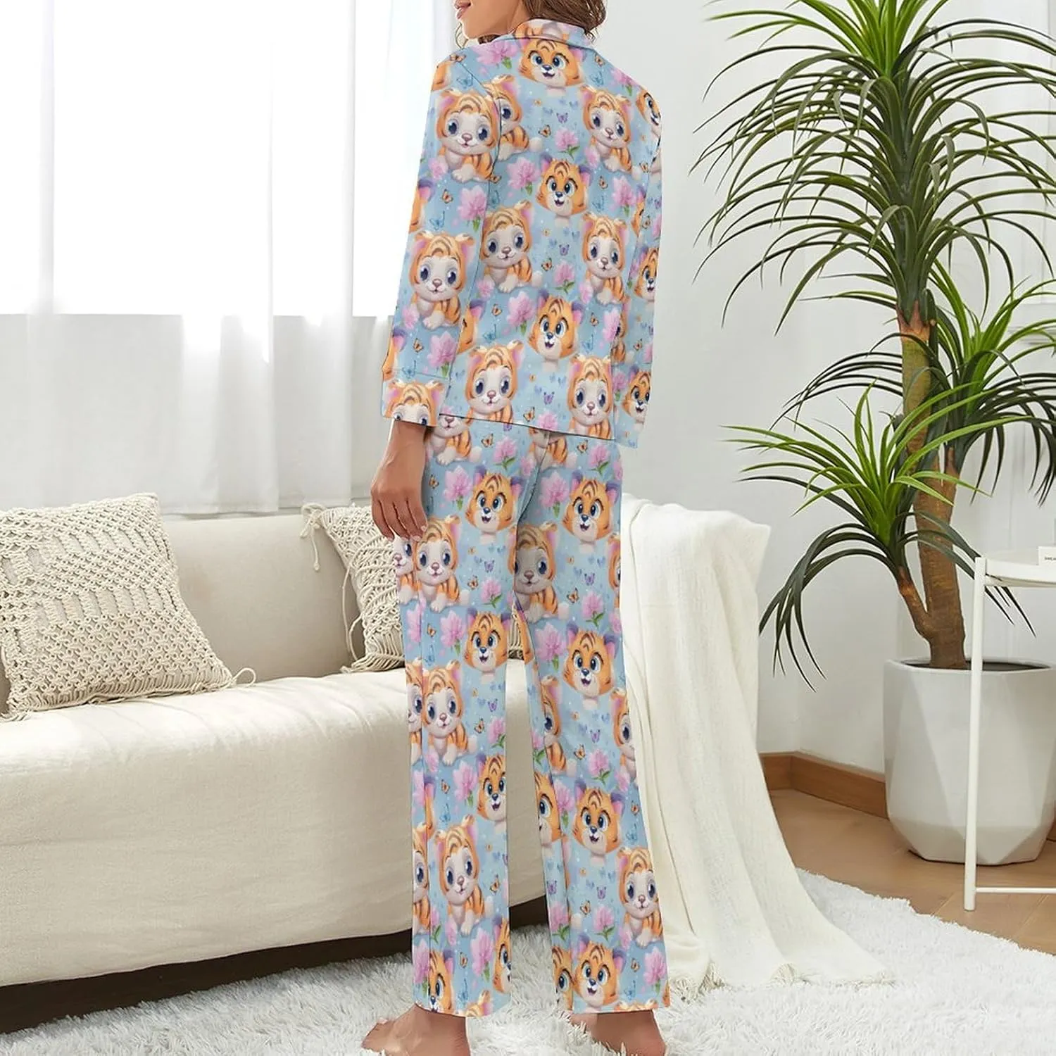 Butterfly & Tiger (1) Womens Pajamas Satin PJ Set Button Down Loungewear Set 2 Piece Lounge Sets