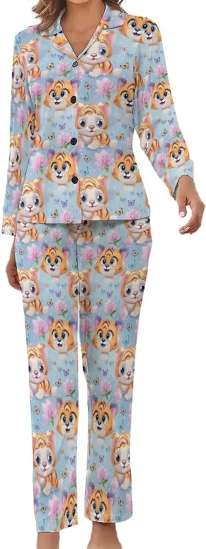 Butterfly & Tiger (1) Womens Pajamas Satin PJ Set Button Down Loungewear Set 2 Piece Lounge Sets