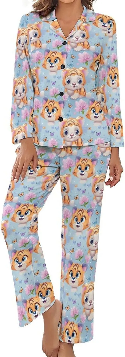 Butterfly & Tiger (1) Womens Pajamas Satin PJ Set Button Down Loungewear Set 2 Piece Lounge Sets