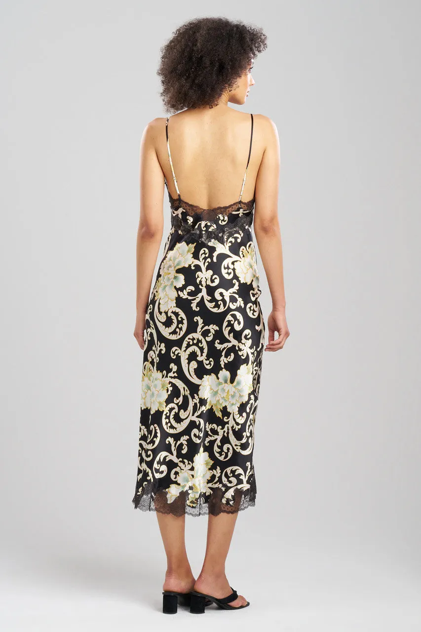 Camille Floral Scroll Lace Slit Silk Gown