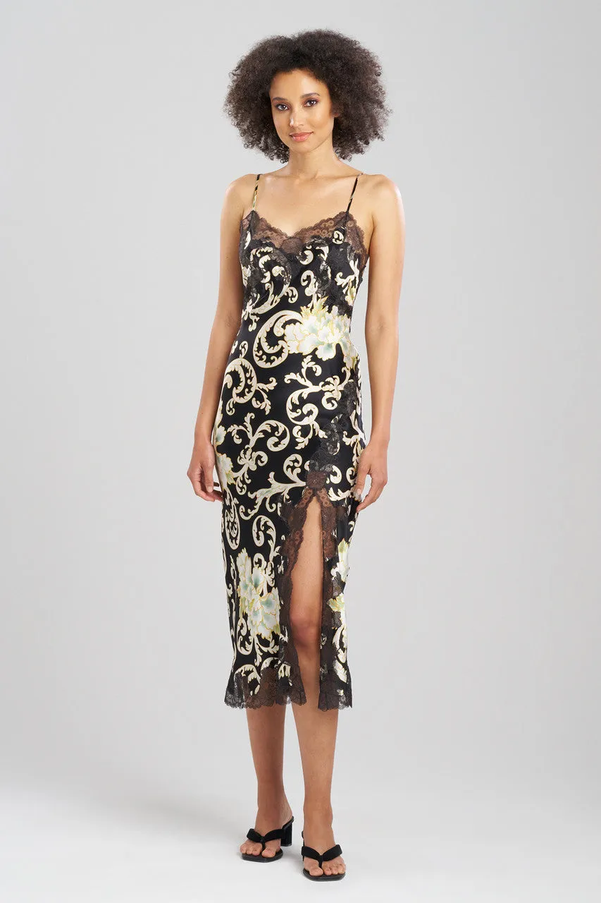 Camille Floral Scroll Lace Slit Silk Gown