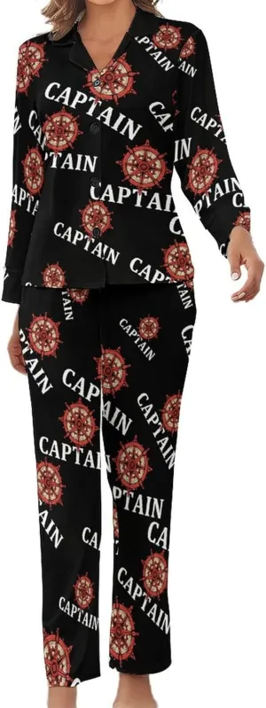 Captain's Rudder Womens Pajamas Satin PJ Set Button Down Loungewear Set 2 Piece Lounge Sets