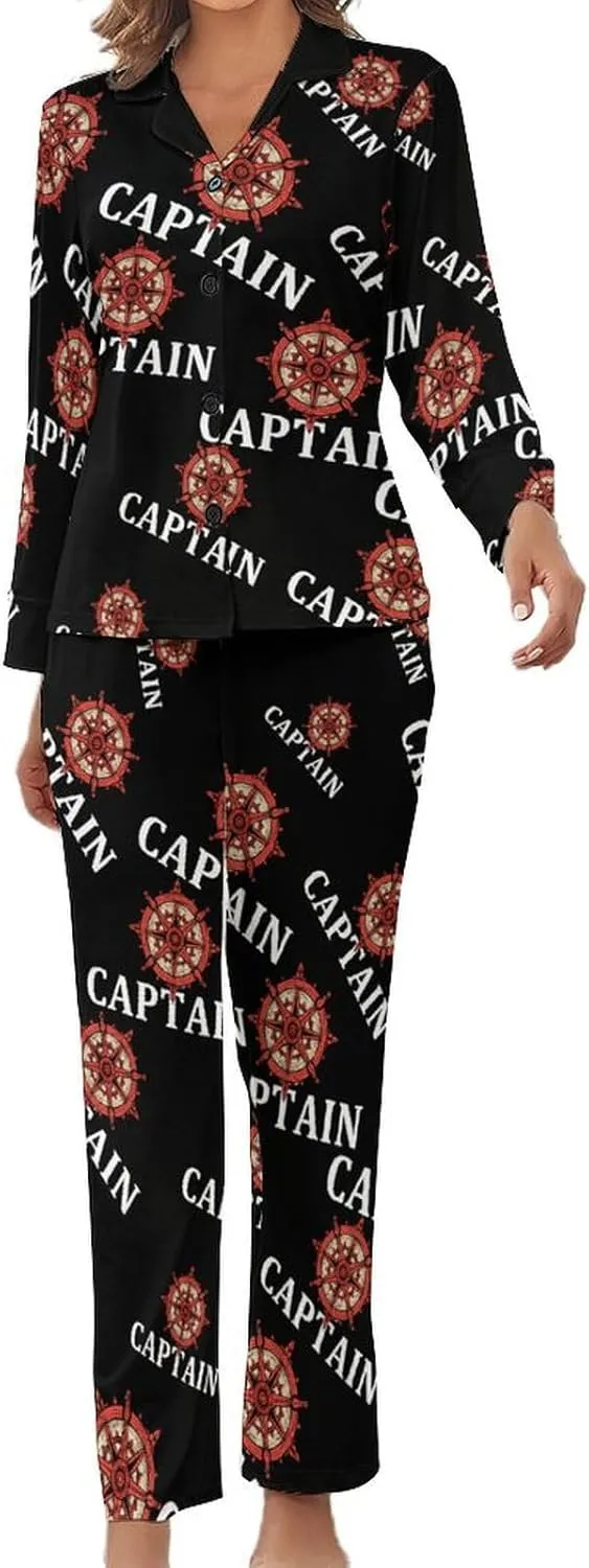 Captain's Rudder Womens Pajamas Satin PJ Set Button Down Loungewear Set 2 Piece Lounge Sets