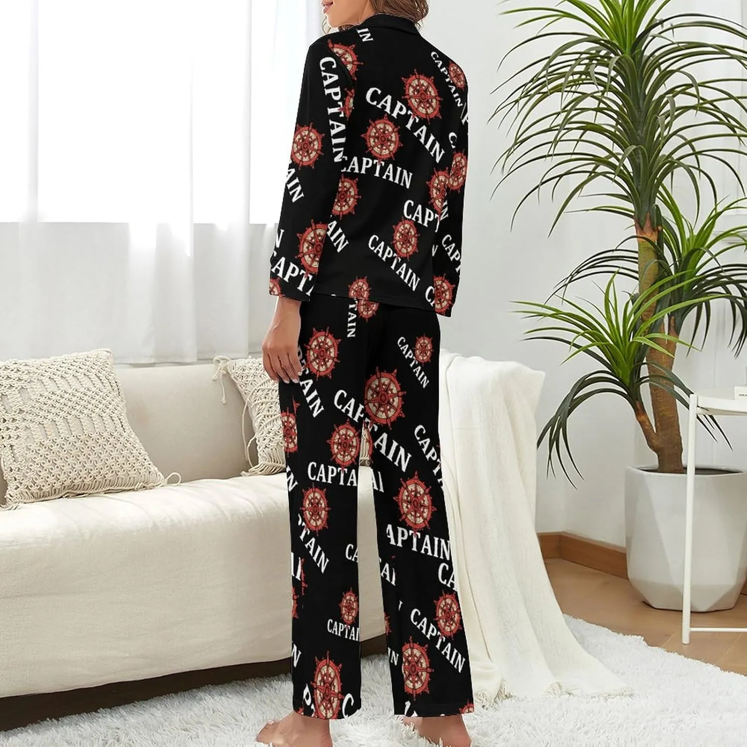 Captain's Rudder Womens Pajamas Satin PJ Set Button Down Loungewear Set 2 Piece Lounge Sets