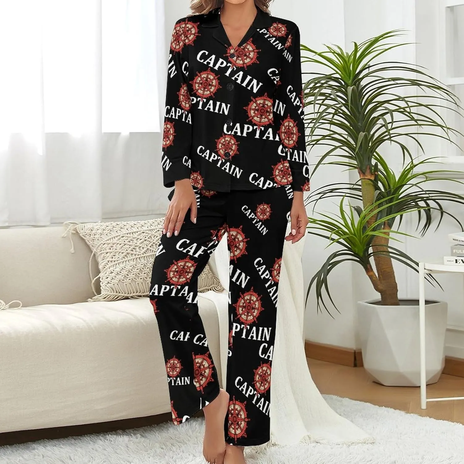 Captain's Rudder Womens Pajamas Satin PJ Set Button Down Loungewear Set 2 Piece Lounge Sets