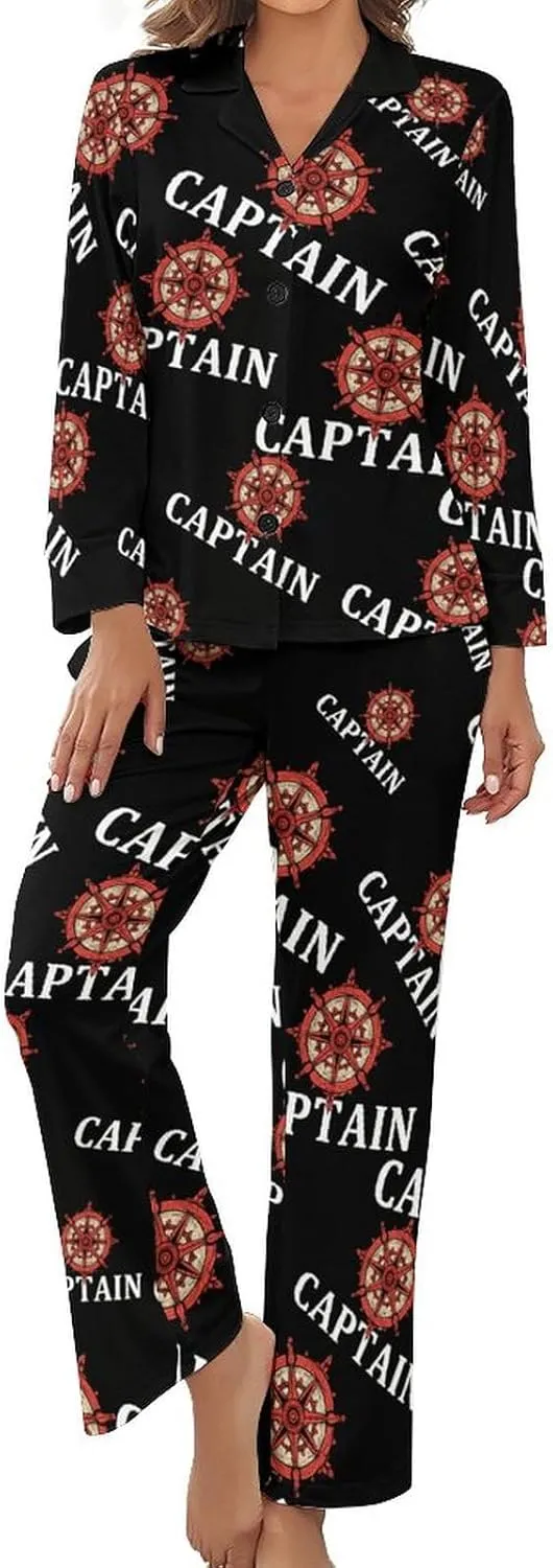 Captain's Rudder Womens Pajamas Satin PJ Set Button Down Loungewear Set 2 Piece Lounge Sets