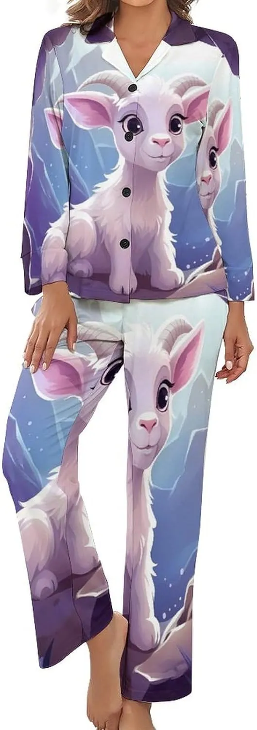 Cartoon Antelope (2) Womens Pajamas Satin PJ Set Button Down Loungewear Set 2 Piece Lounge Sets