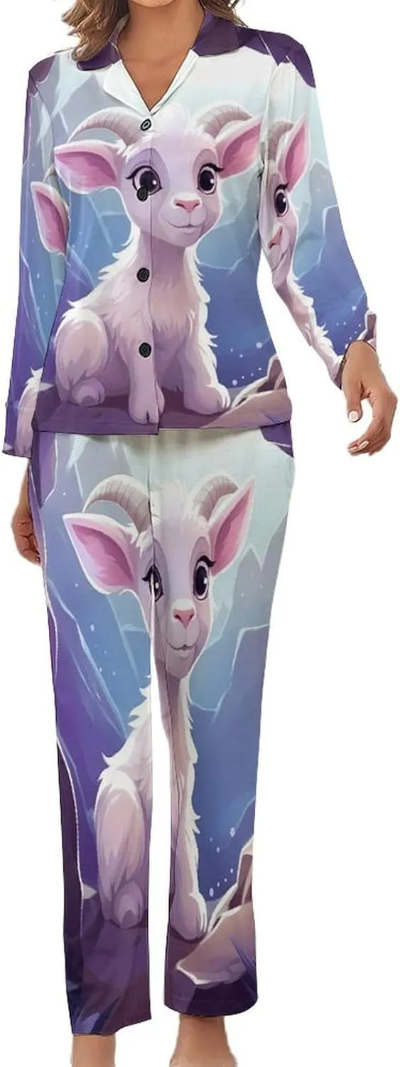 Cartoon Antelope (2) Womens Pajamas Satin PJ Set Button Down Loungewear Set 2 Piece Lounge Sets