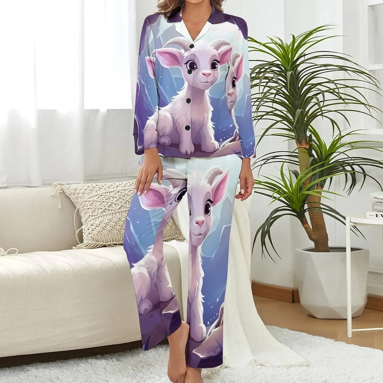 Cartoon Antelope (2) Womens Pajamas Satin PJ Set Button Down Loungewear Set 2 Piece Lounge Sets
