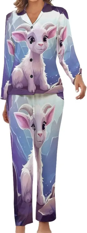 Cartoon Antelope (2) Womens Pajamas Satin PJ Set Button Down Loungewear Set 2 Piece Lounge Sets