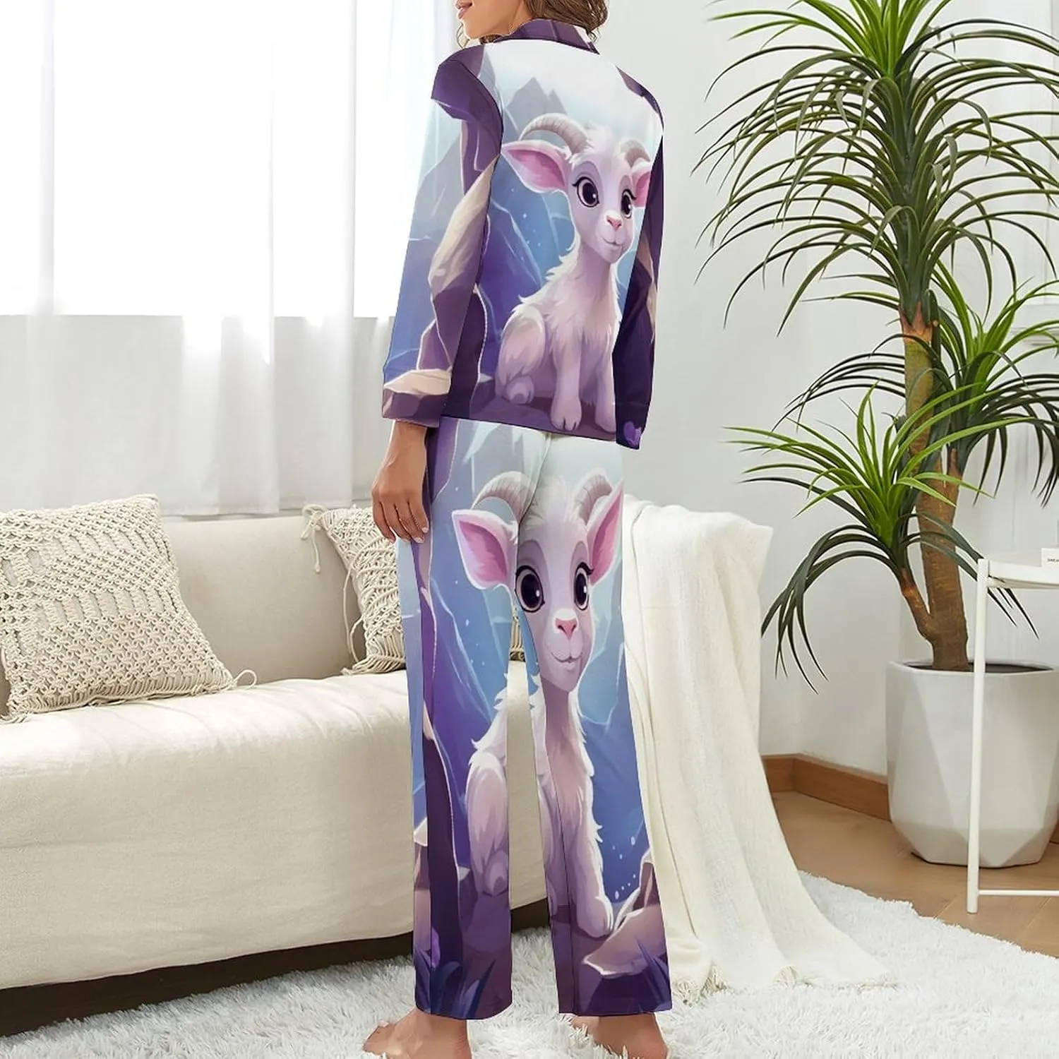 Cartoon Antelope (2) Womens Pajamas Satin PJ Set Button Down Loungewear Set 2 Piece Lounge Sets