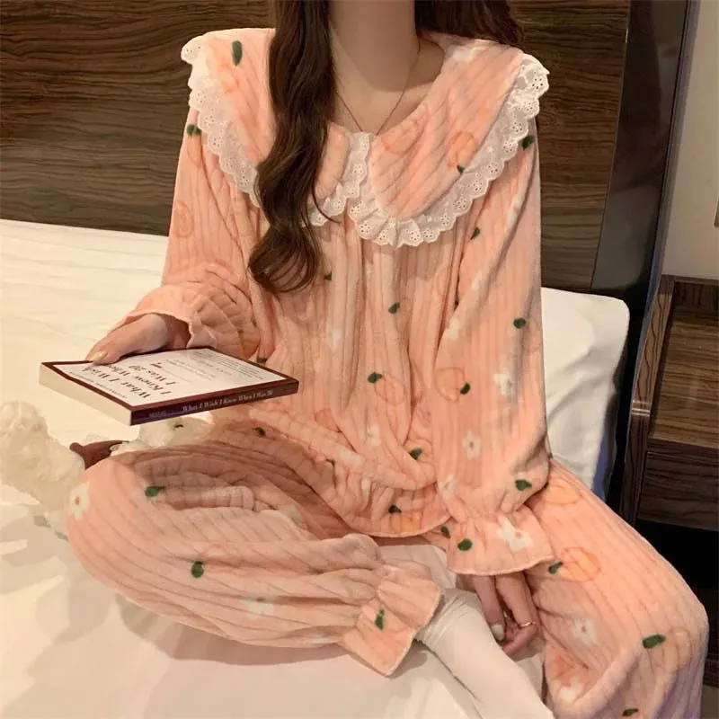 Cartoon Pajama Sets Women Pyjamas Warm Flannel Sleepwear Girl Pijama Set Suit Pant Home Korean Peach Sleep Lace Sleepwear