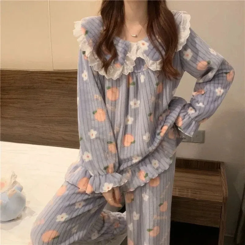 Cartoon Pajama Sets Women Pyjamas Warm Flannel Sleepwear Girl Pijama Set Suit Pant Home Korean Peach Sleep Lace Sleepwear