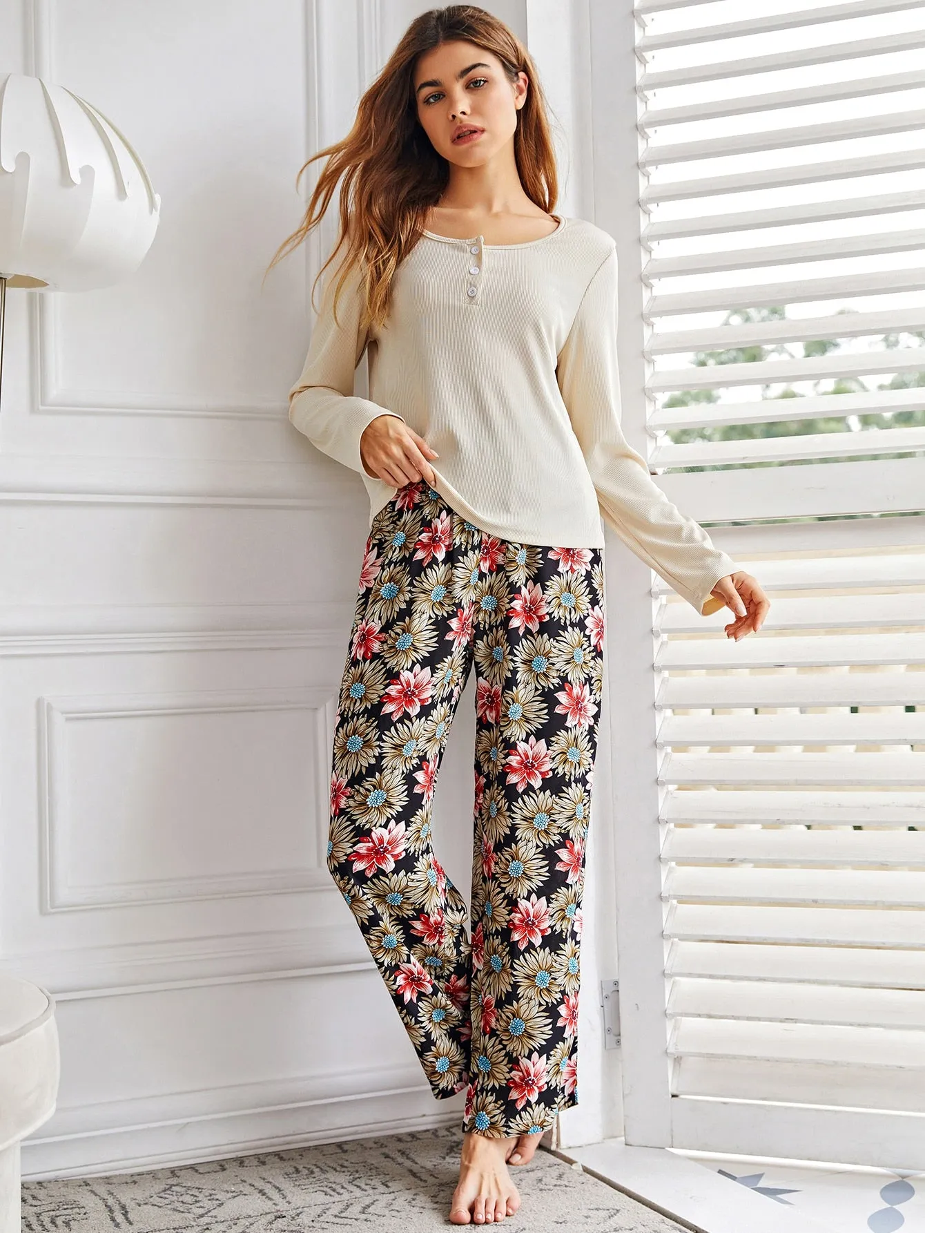 Casual Floral Button Long Sleeve Scoop Neck Women Pajama Sets