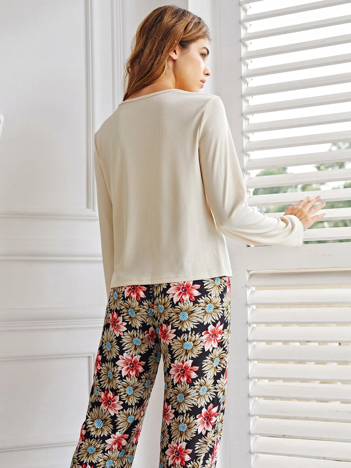 Casual Floral Button Long Sleeve Scoop Neck Women Pajama Sets