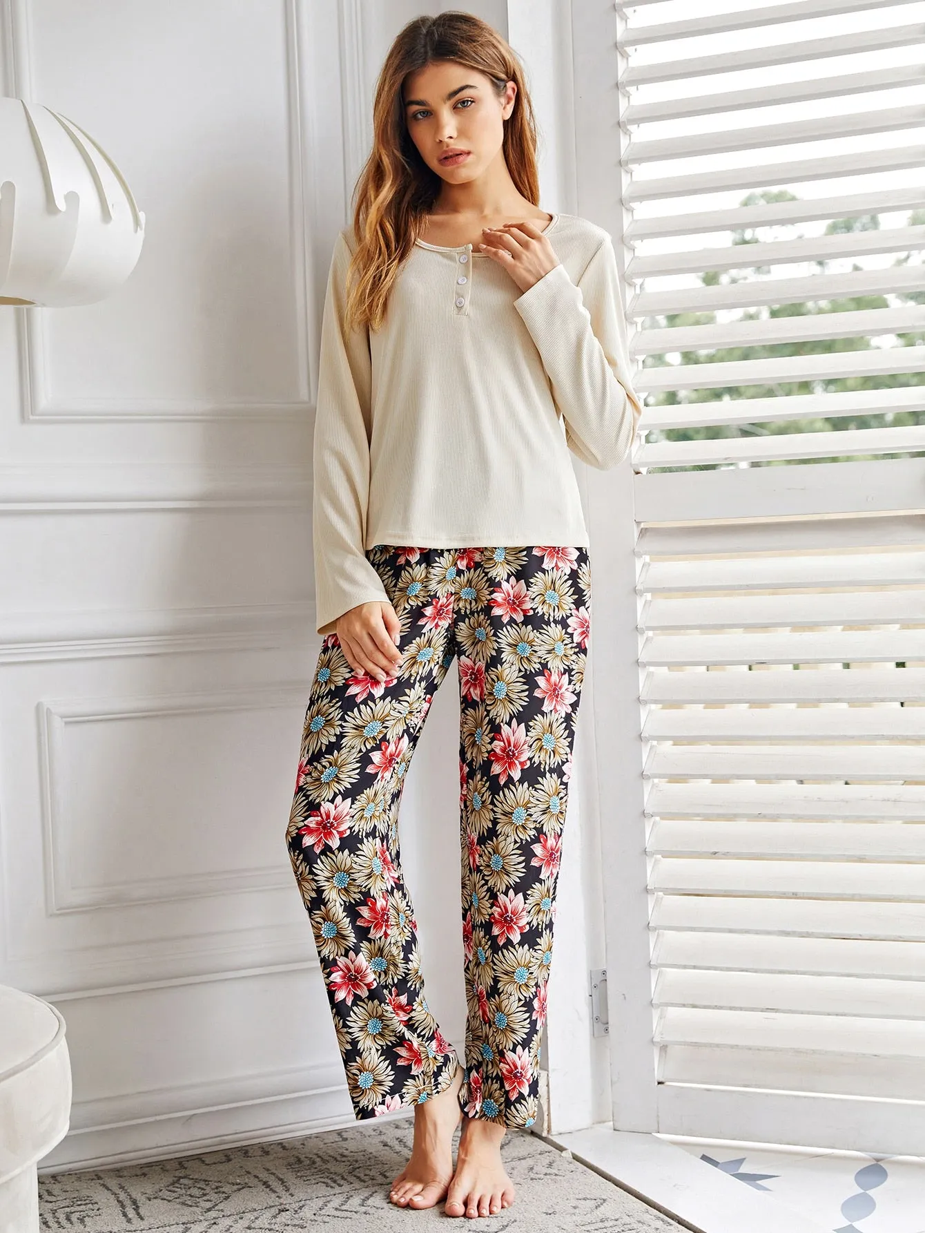 Casual Floral Button Long Sleeve Scoop Neck Women Pajama Sets